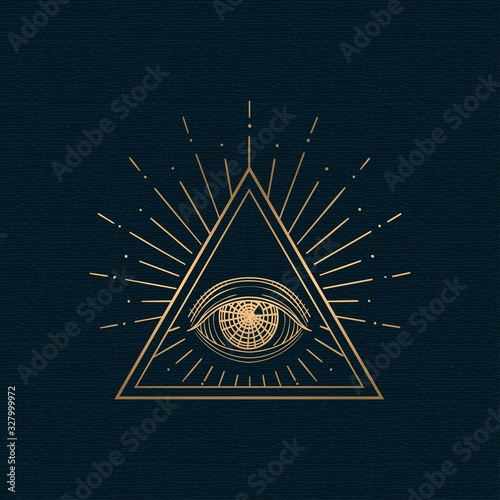 All seeing eye vector, illuminati symbol in triangle with light ray, tattoo design isolated on white background