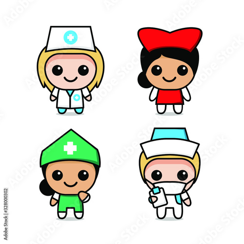 collection of cute kawaii nurse character 