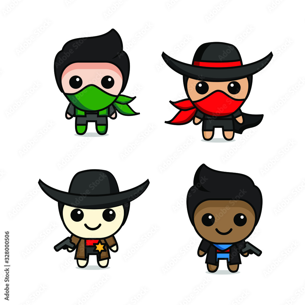 collection of cute kawaii cowboy character 