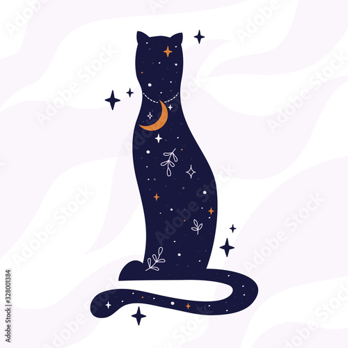 Black cat of modern witch with night sky, crescent moon and stars inside. Magic domestic animal with moon necklace. Vector illustration for tarot card cover or postcard. Witchcraft or mystery concept.