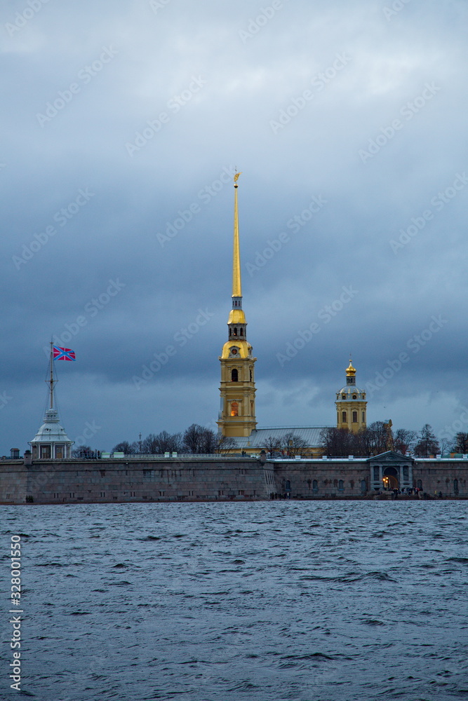 Fototapeta premium Peter and Paul Fortress on a cloudy winter evening, St. Petersburg, Russia.