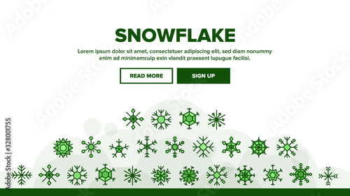 Snowflake Tracery Landing Web Page Header Banner Template Vector. Beautiful Decorative Frozen Winter Snowflake In Different Shape Illustration