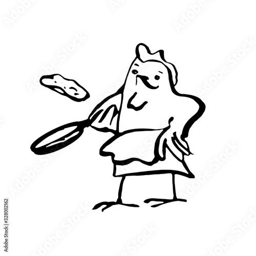 A chicken fries a pancake and tosses it in a pan. Monochrome vector illustration in line art style. Hand drawn. On white background.
