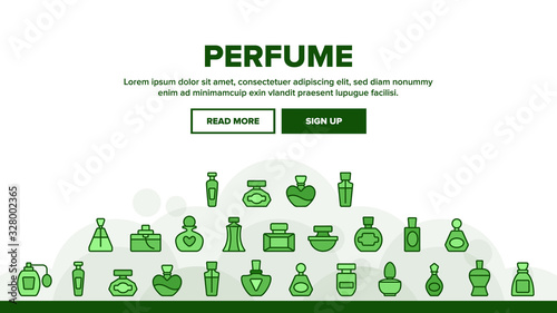 Perfume Containers Landing Web Page Header Banner Template Vector. Glass Bottles With Aromatic Perfume In Different Beautiful Forms Illustration