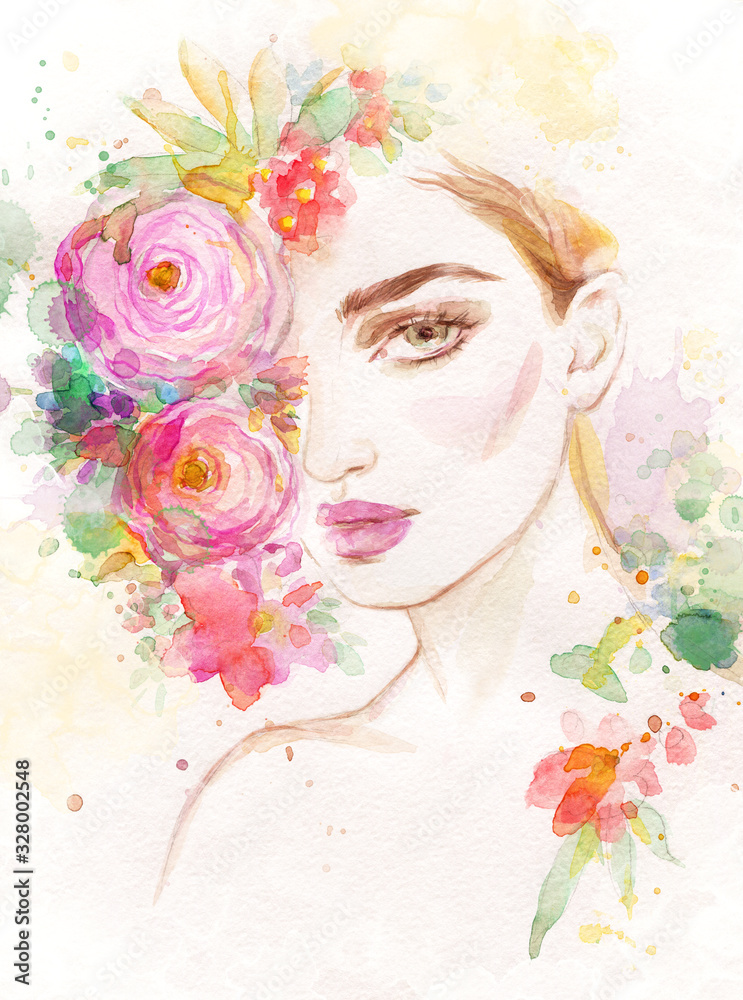 woman with flowers. beauty background. fashion illustration. watercolor  painting Stock Illustration | Adobe Stock