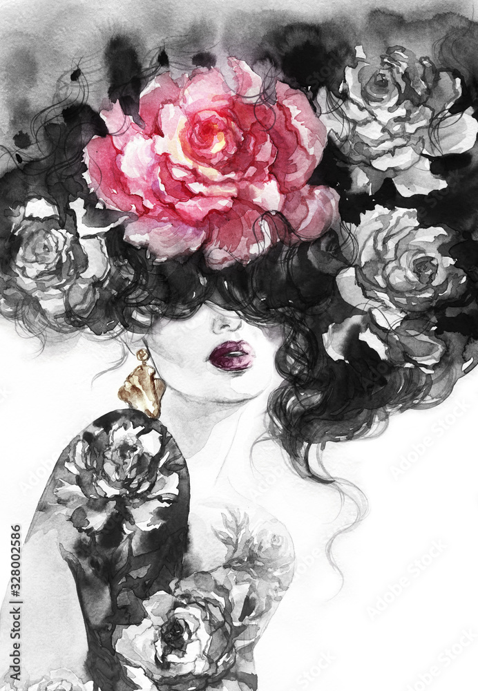 woman with flowers. beauty background. fashion illustration. watercolor painting - obrazy, fototapety, plakaty 