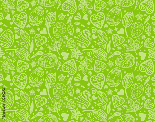Easter egg seamless green pattern with hearts, flowers for wrapping, card, paper. Duotone background