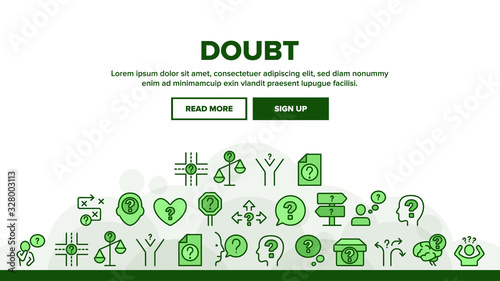 Doubt And Confusion Landing Web Page Header Banner Template Vector. Doubt Human And Brain, Question Mark In Quote Frame And On Box Illustration
