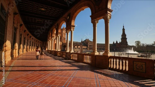 4K Timelapse in Seville City Center Plaza De Espana. It is a famous square located in the María Luisa Park. Beautiful columns with Architecture Details.