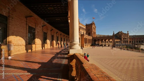 4K Timelapse in Seville Plaza de Espana / Spain Square with beautiful view of the Royal Palace corridors and columns and tourists strolling.