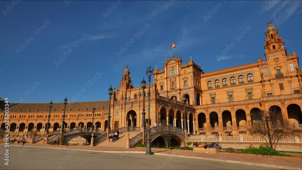 4K Timelapse in Seville 's famous Spain Square with tourists visiting, with beautiful Architecture Details and Horse carriages. 4K Timelapse in Seville 's famous Spain Square with tourists visiting, with beautiful Architecture Details and Horse carriages.
