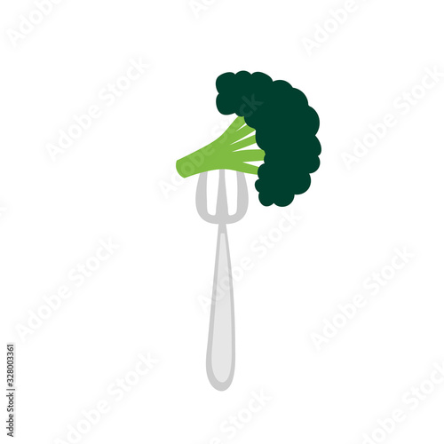 Fresh green broccoli on fork. Vector icon, illustration for vegan food, dieting.