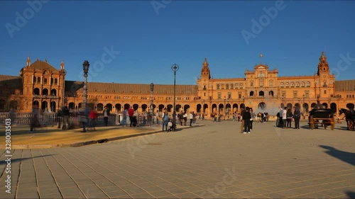 Plaza de Espana (Spain Square) 4K Timelapse in Seville City Center with Architecture Details and view to the pavilion buildings.