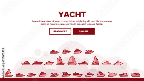 Yacht Marine Transport Landing Web Page Header Banner Template Vector. Luxury Yacht, Sailboat, Touristic Ship And Cruise Boat For Sea Trip Illustration