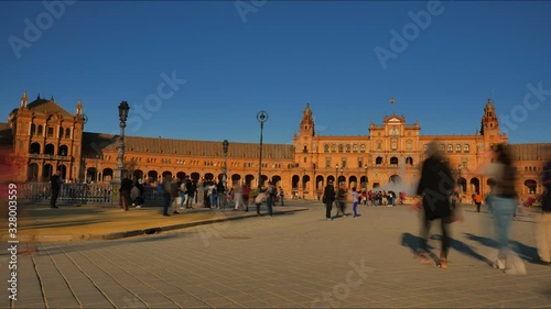 Tourists visiting Plaza de Espana (Spain Square) 4K Timelapse in Seville City Center with Architecture Details.