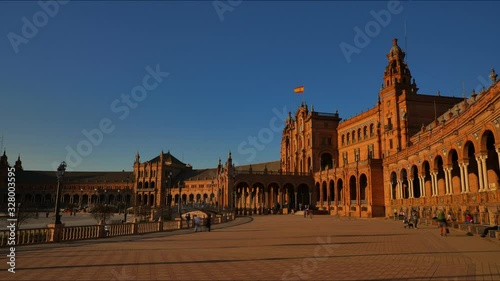 4K Timelapse in the Plaza de Espana with beautiful Columns and Architecture Details in Seville City Center at Golden Hour.