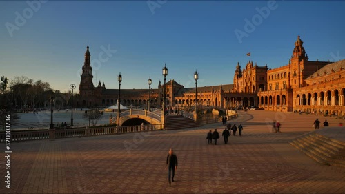 4K Timelapse of tourists visiting Plaza de Espana in Seville City Center with Architecture Details and the Vicente Traver fountain in the center.