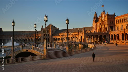 4K Timelapse of tourists strolling in Plaza de Espana at sunset in Seville City Center with Architecture Details.