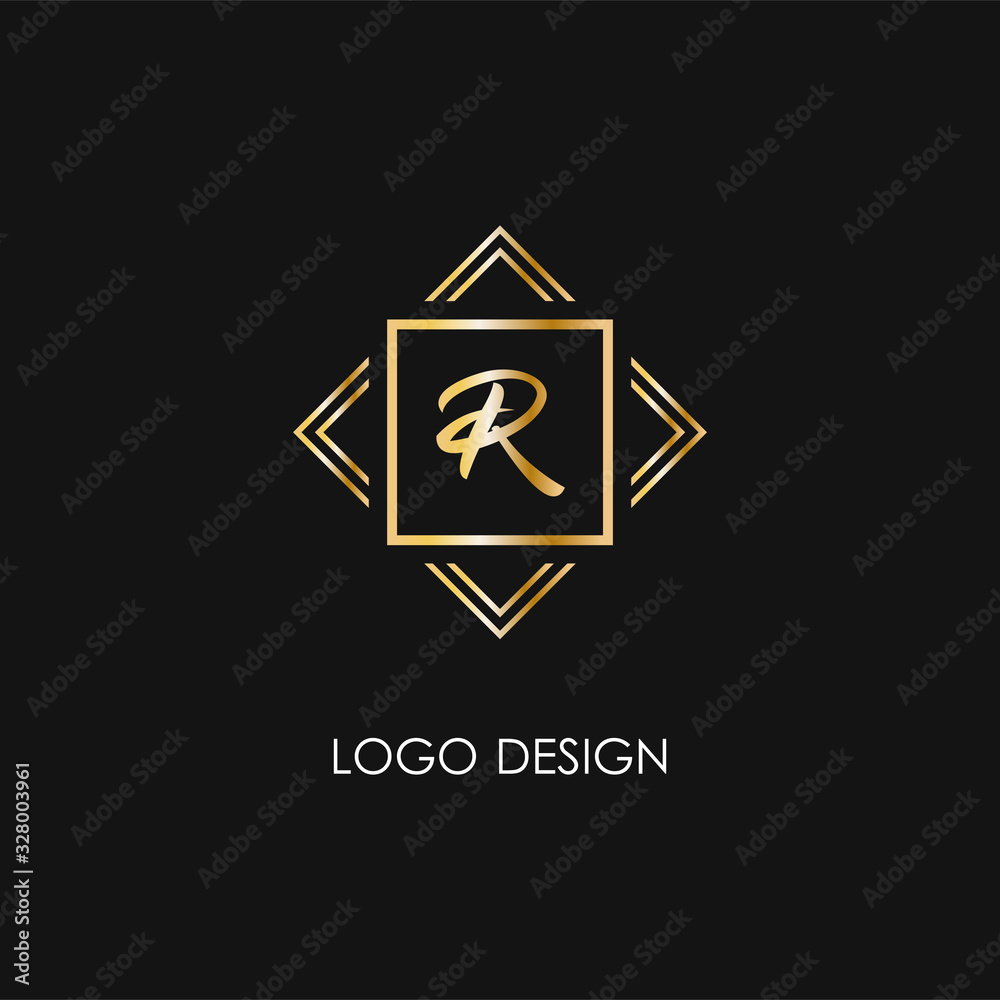 Premium style R letter logo. Gold symbol on a black background. Luxury art deco monogram sign and lines