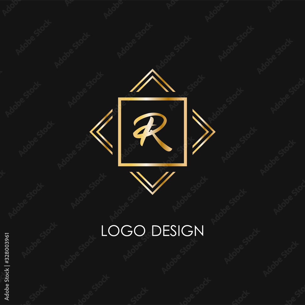 Premium style R letter logo. Gold symbol on a black background. Luxury art deco monogram sign and lines Premium style R letter logo. Gold symbol on a black background. Luxury art deco monogram sign and lines