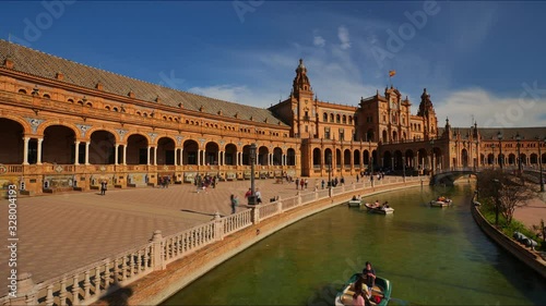 4K Timelapse of the Plaza de Espana (Spain Square) with the canal and wood rowing boats in Seville City.