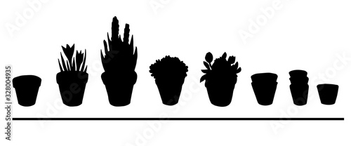 Style simple silhouette icon set with flowerpots, flower, pot. Collection of isolated black elements on white background. Vector illustration object, minimal. Home, garden,Interior concept or decor. 
