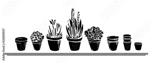 Beautiful silhouette contour set with flowerpots, flower, pot. Collection of isolated black elements on a white background. Art hand drawn vector illustration object. Home, garden,Interior concept or 