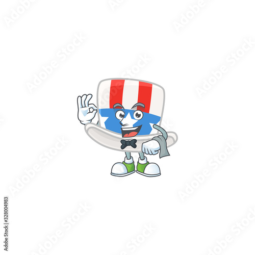A uncle sam hat cartoon mascot working as a Waiter