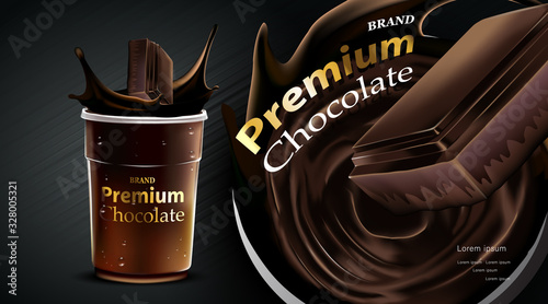 Delicious dark chocolate drink with falling in a clear plastic cup and splash on brown color background, luxury Dessert