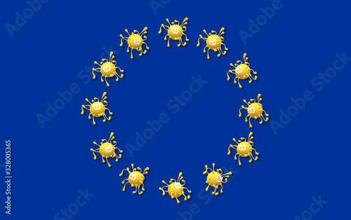 EU symbol, official colors of the flag. Pandemic Covid-19. Outbreak. International public health emergency. 3D Illustration with the simulated virus graphs in the yellow drawing replacing the stars.