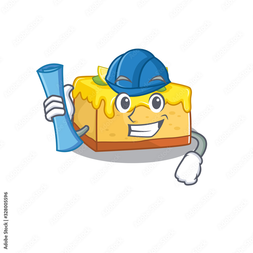 A success of lemon cheesecake Architect having blue prints and blue helmet A success of lemon cheesecake Architect having blue prints and blue helmet