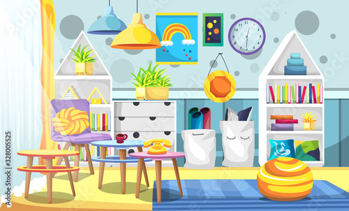 Kids Landscape Clean Room with Scandinavian Furniture Style, Ceiling Lamps, Artificial Plants, Clock, Table and Chairs for Vector Illustration Interior Design