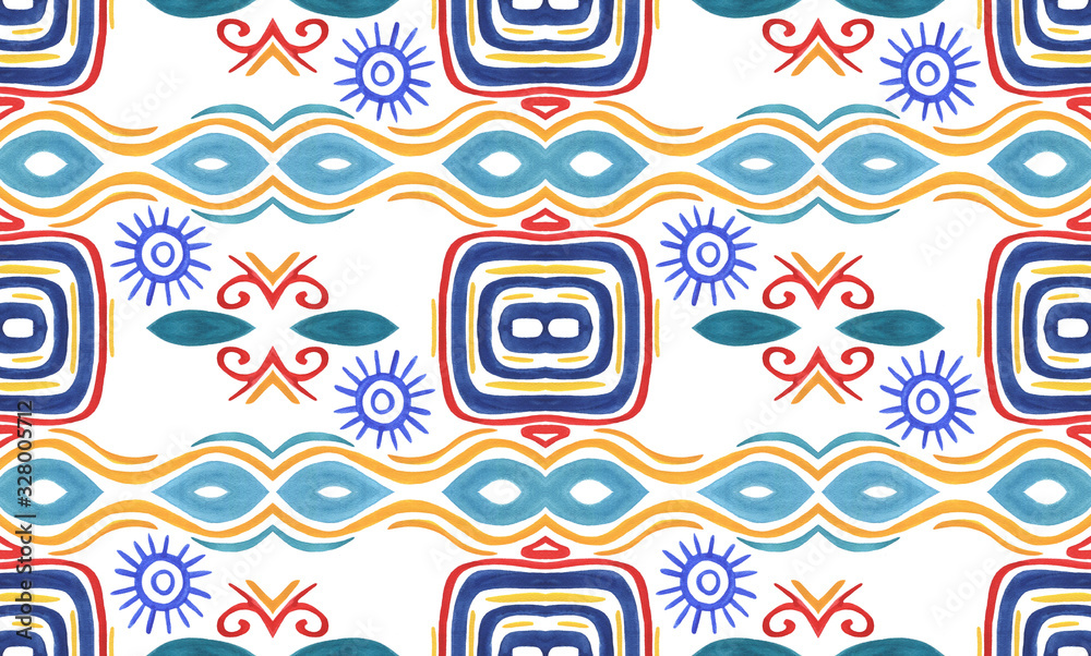 Embroidery in the traditions of Peru, Aztecs and Maya. Geometric folk ornament fabric.  Colorful seamless pattern in Spanish, Mexican, African,  American Indian rug. Tribal embroidery. Old carpet.