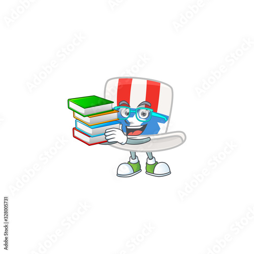 A brainy clever cartoon character of uncle sam hat studying with some books