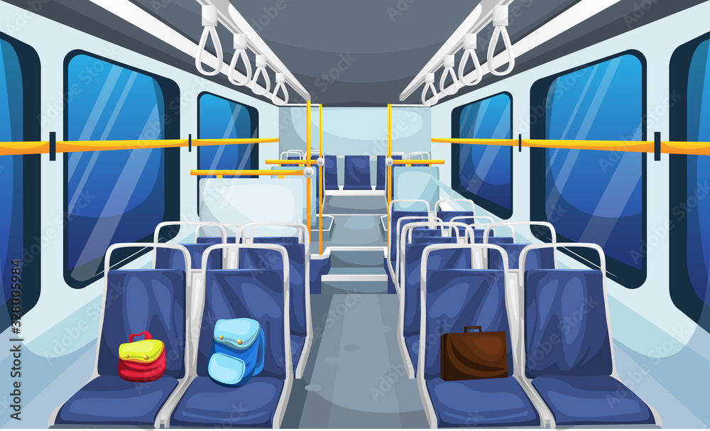 Clean Bus Interior Landscape with old Chairs Row, Scholl Bag, Suitcase and  Bus Handle for Vector Illustration Interior Design Ideas Stock Vector |  Adobe Stock