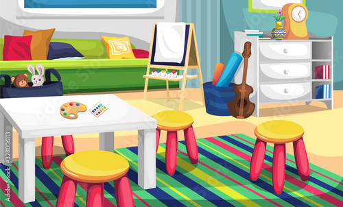 Clean Kids Art Room and Child Playground with Color Palette, Canvas Painting, Biola, Dools, Pillow and Green Sofa for Vector Illustration Interior Design Ideas photo