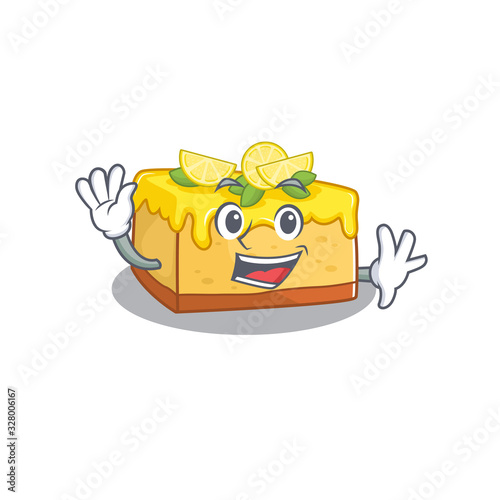Waving friendly lemon cheesecake mascot design style