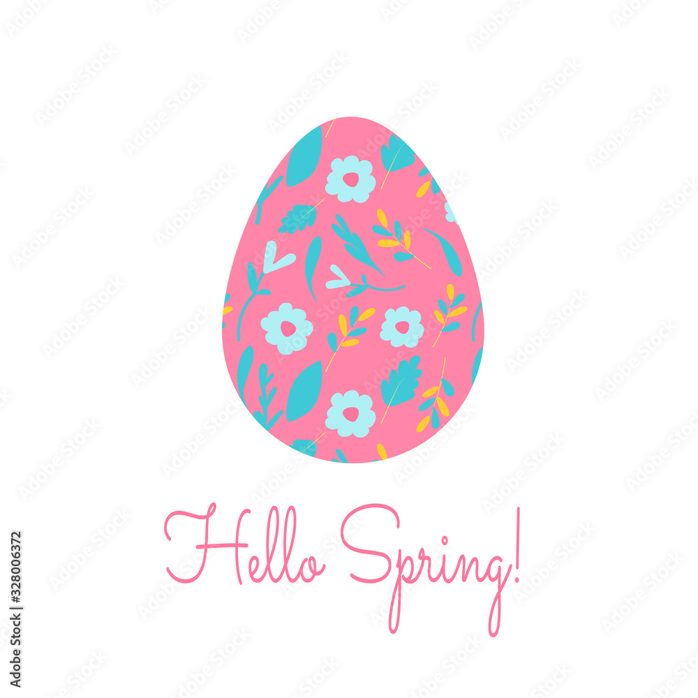 Pink Easter egg with lettering Hello spring. Cute square hand drawn flat postcard. Gift message for Easter, decoration of social networks on holiday, writing letters, print Pink Easter egg with lettering Hello spring. Cute square hand drawn flat postcard. Gift message for Easter, decoration of social networks on holiday, writing letters, print