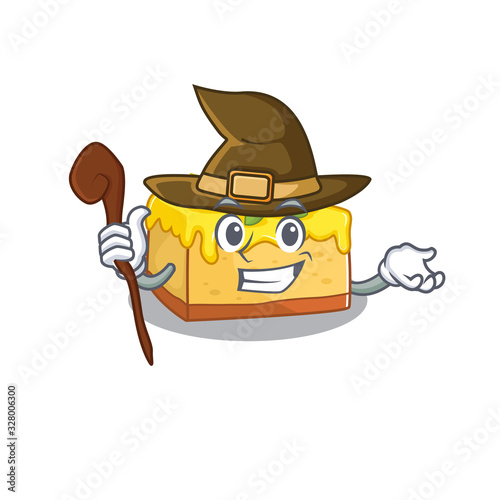 a mascot concept of lemon cheesecake performed as a witch