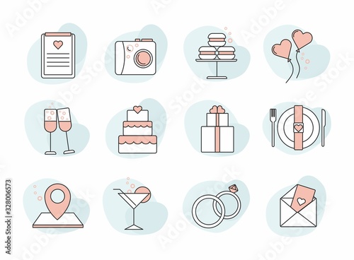 Wedding icons set. Outline icons collection on white background