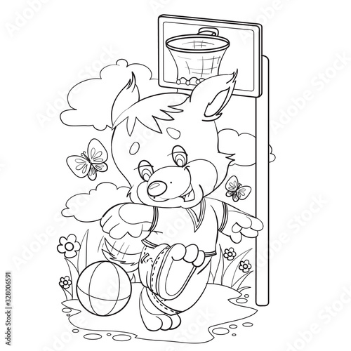 character of a little fox in trousers plays basketball in a clearing with flowers, game, excitement, outline drawing, isolated object on a white background,