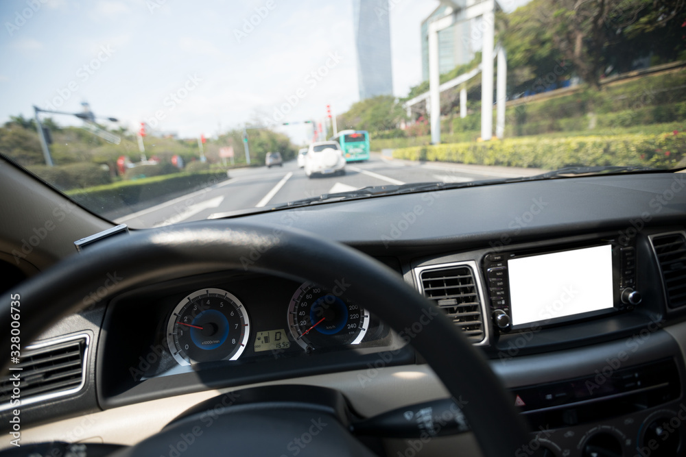 Driving car on city street