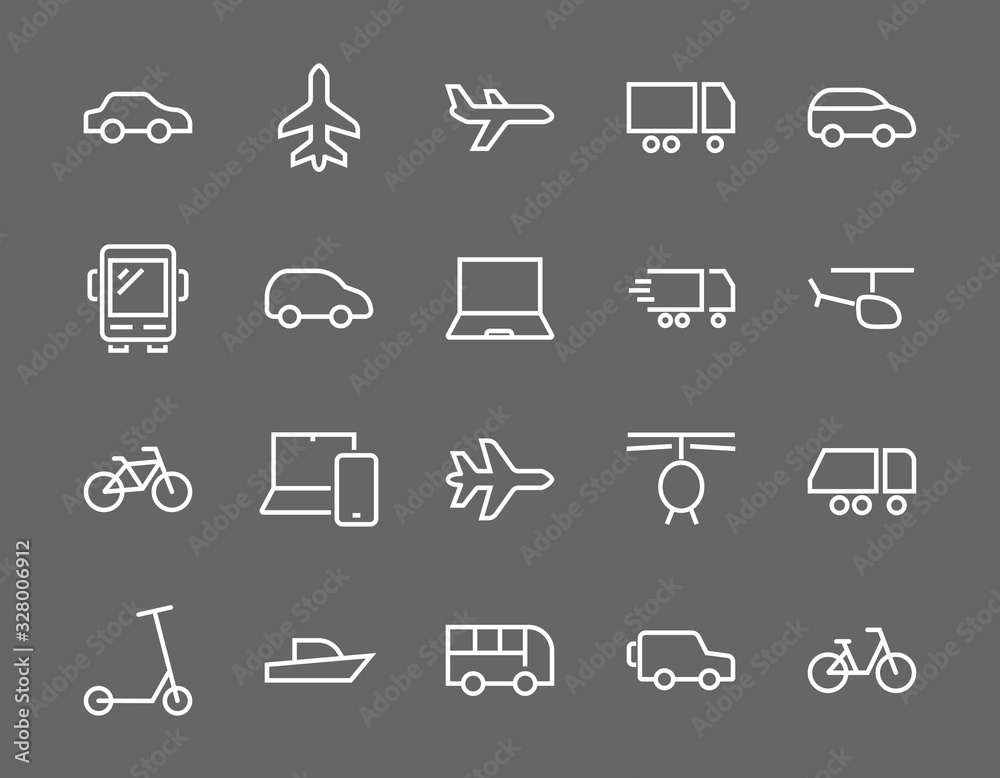 Set of public transport related vector line icons. Contains icons such as bus, bike, suitcase, car, scooter, truck, transport, trolley bus, sailboat, motor boat, plane and much more. Editable stroke. Set of public transport related vector line icons. Contains icons such as bus, bike, suitcase, car, scooter, truck, transport, trolley bus, sailboat, motor boat, plane and much more. Editable stroke.