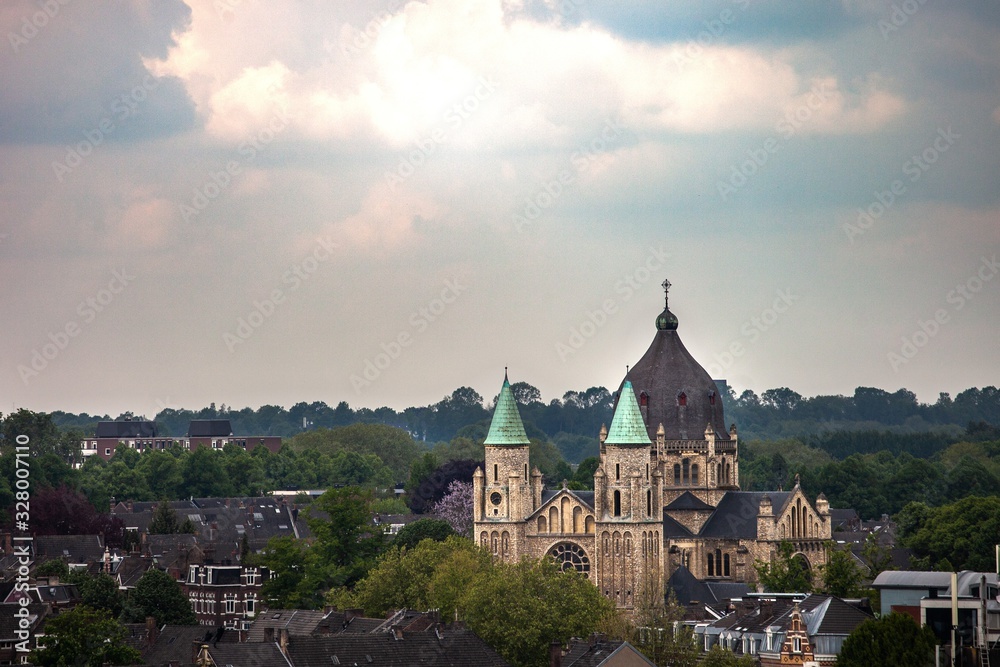skyline of european city with large cathedral and forest