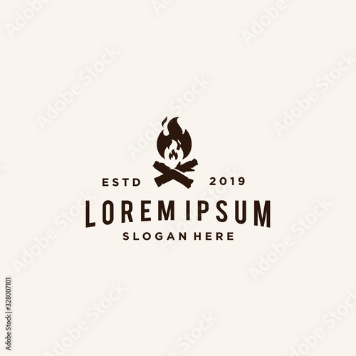 bonfire Campfire logo badge label vector illustration on dark background. Crossed logs of wood and fire flame Classic badge