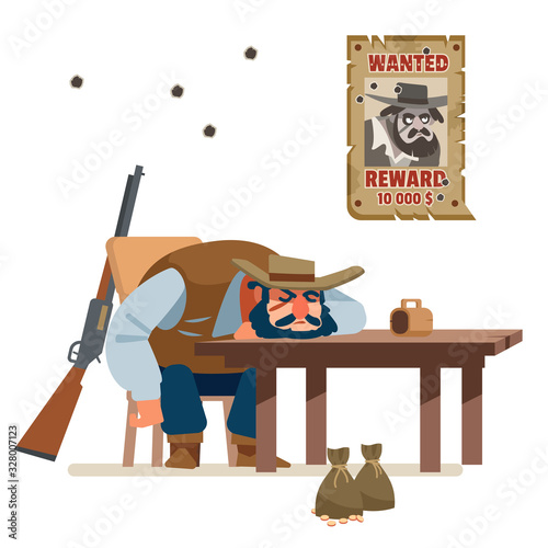 The wanted bandit defeated everyone and fell asleep drunk in a cowboy bar. Wild west. Cartoon vector illustration. Flat style. Isolated on white background © Bahauaddinbek