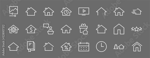 Simple set of line vector home icons. Contains house symbols at interest, infuse house and more. Editable stroke. 480x480 pixels perfect.