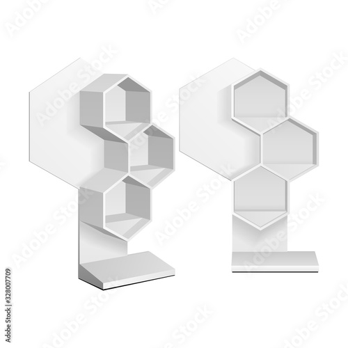 Mockup Hexagonal Retail Shelves Floor Display Rack For Supermarket Blank Empty. Cell. Cardboard . Mock Up. 3D On White Background Isolated. Ready For Your Design. Product Advertising. Vector EPS10
