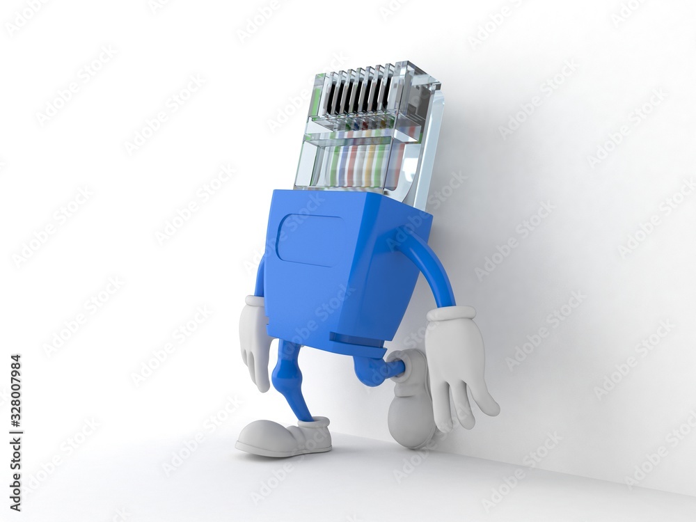 Obraz premium Network character leaning on wall on white background