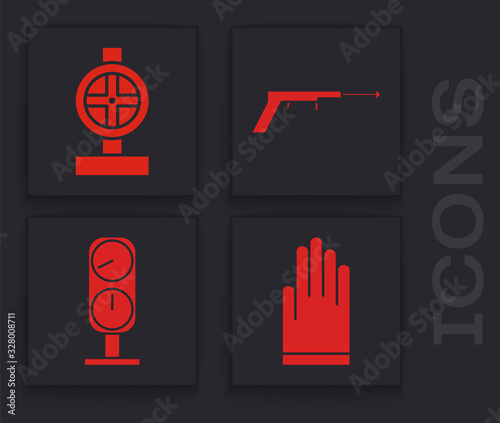 Set Gloves, Industry metallic pipes and valve, Fishing harpoon and Gauge scale icon. Vector